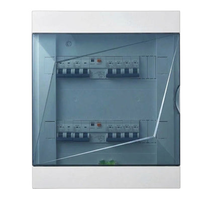 A double-module electrical distribution board (EDB) with circuit breakers visible behind a transparent protective cover, set against a plain white background.
