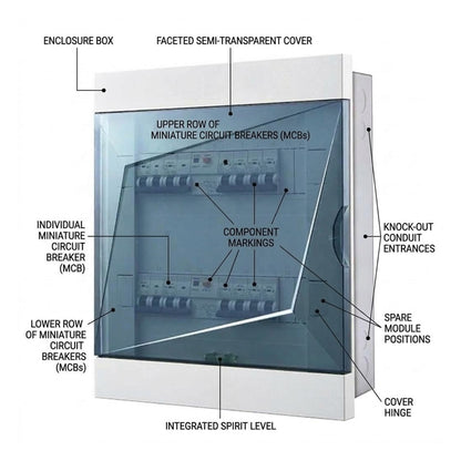Technical diagram of a modular electrical subpanel with labeled callouts including enclosure box, faceted semi-transparent cover, miniature circuit breakers, conduit entrances, and hinge points on a white background.