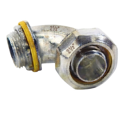 A galvanized steel 90-degree elbow pipe fitting with a 2 1/2" thread on one end and a hex nut on the other, featuring a yellow rubber O-ring.