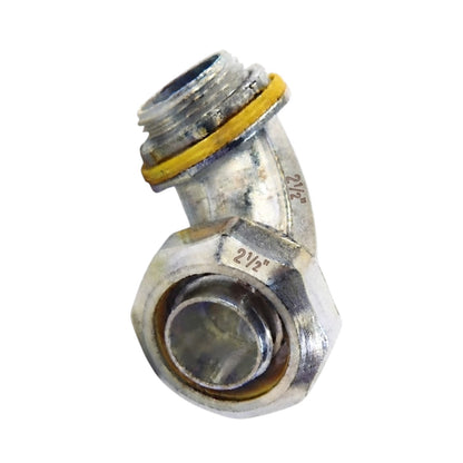 A 2 1/2" metal elbow fitting with a yellow rubber gasket, isolated on a white background.