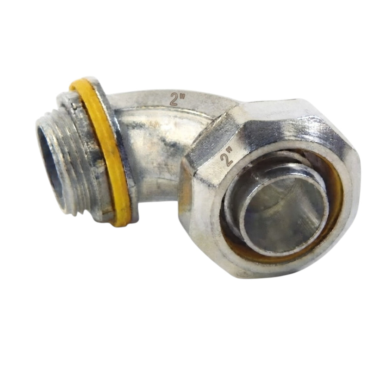 A galvanized steel 90-degree elbow pipe fitting with a yellow rubber O-ring, shown on a plain white background.