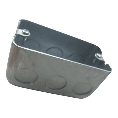 A galvanized steel electrical junction box with three circular screw terminals on the front and two mounting tabs on the side, shown on a plain white background.