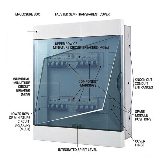Technical diagram of a modular electrical subpanel with labeled callouts including enclosure box, faceted semi-transparent cover, miniature circuit breakers, conduit entrances, and hinge points on a white background.