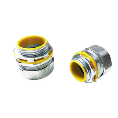 Two metal threaded connector fittings with bright yellow inner rings, shown on a plain white background.