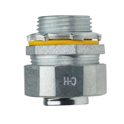 A galvanized metal threaded connector fitting with a hexagonal body, a yellow O-ring, and a silver threaded top, shown on a plain white background.