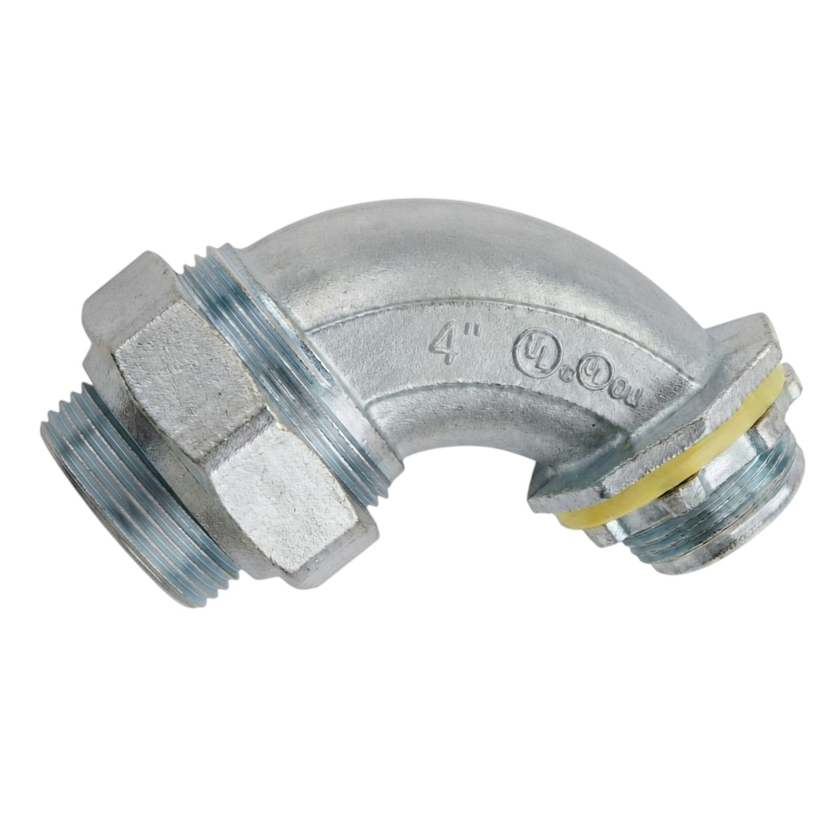 A galvanized metal 4-inch elbow pipe fitting with male threads on one end and female threads on the other, featuring a yellow rubber O-ring.