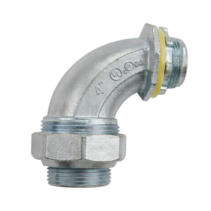 A galvanized steel 4-inch elbow pipe fitting with a hex nut on the bottom threaded connection and a yellow rubber gasket visible on the side, isolated on a white background.