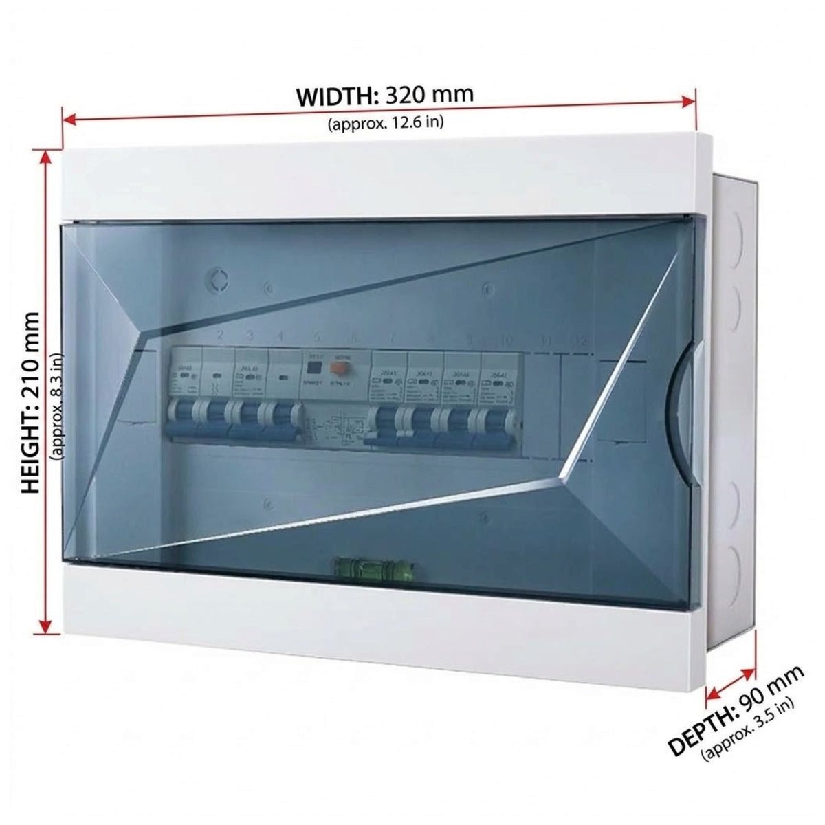 White electrical distribution board enclosure with a transparent hinged door, shown with dimension annotations for width 320 mm, height 210 mm, and depth 90 mm on a light gray background.