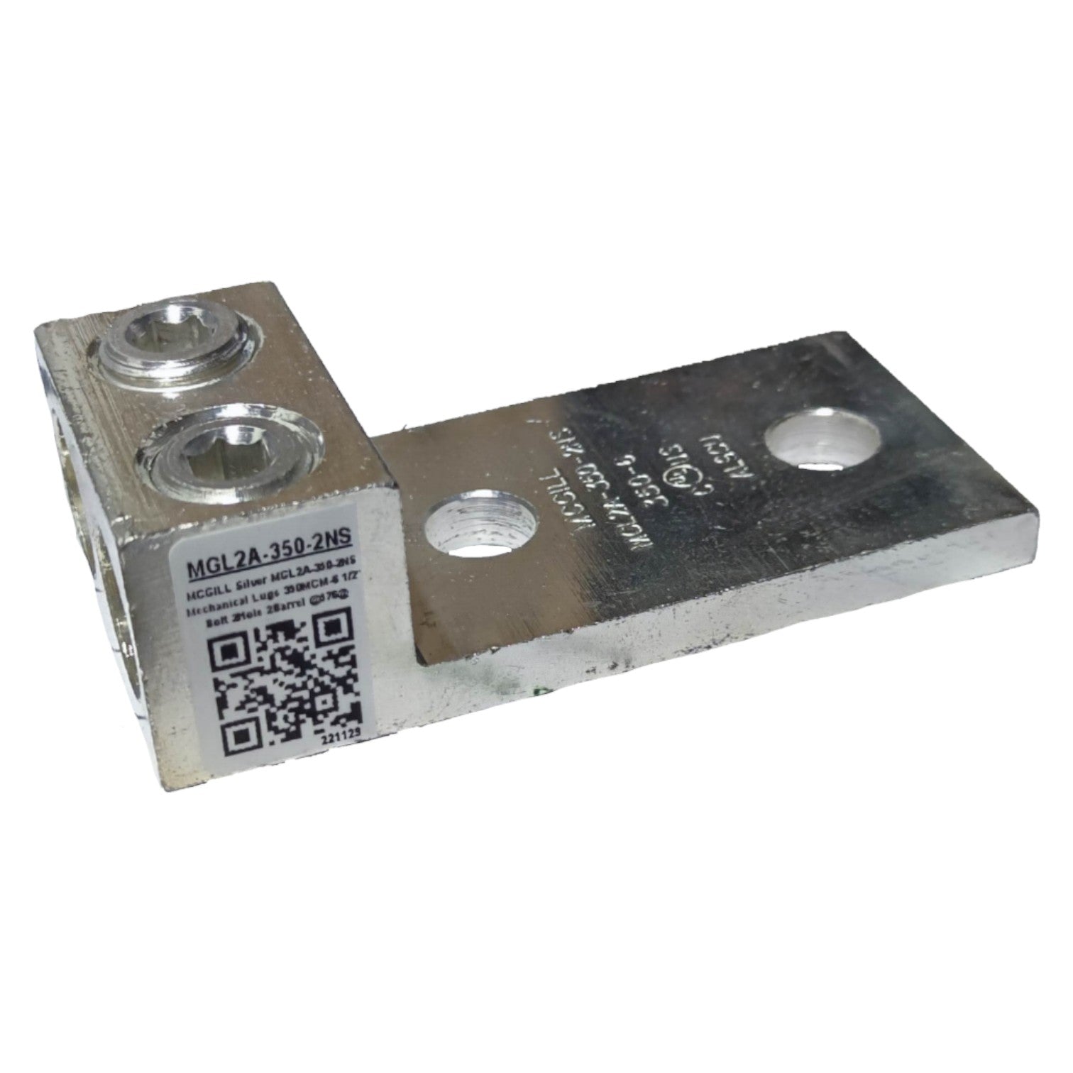 Metal component with holes and a QR code on a white background