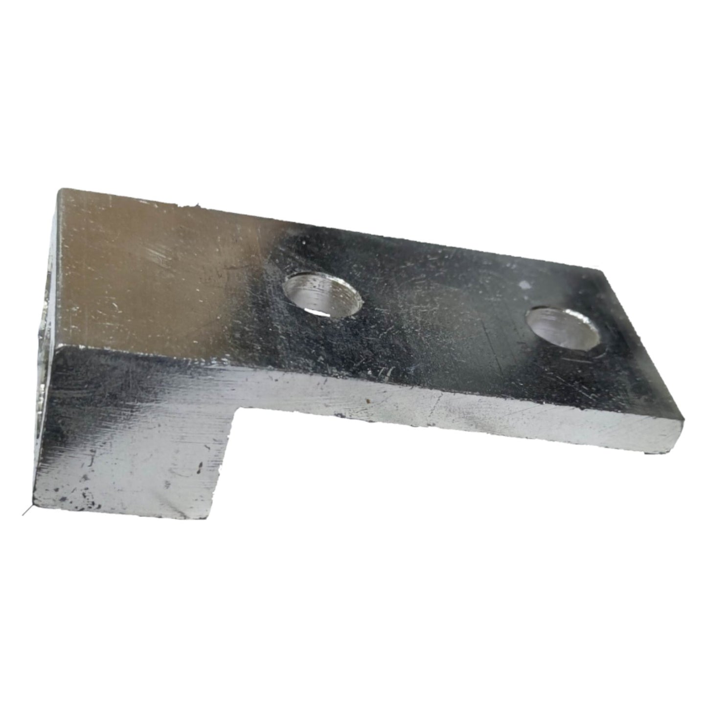 Metal bracket with two holes on a white background