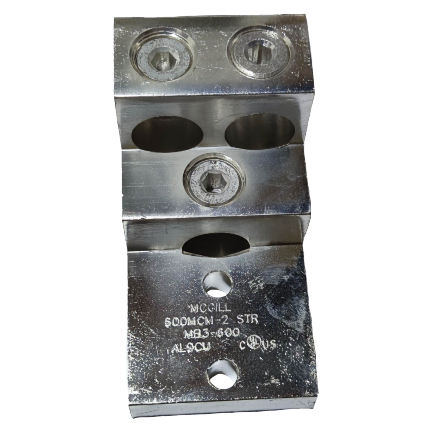 Metal component with threaded holes on a white background