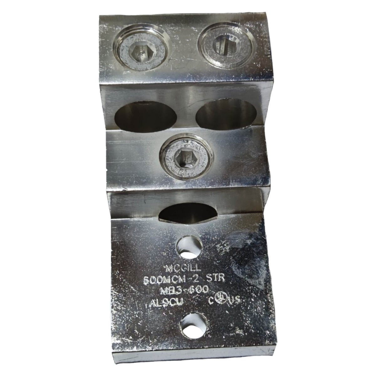 Metal component with threaded holes on a white background
