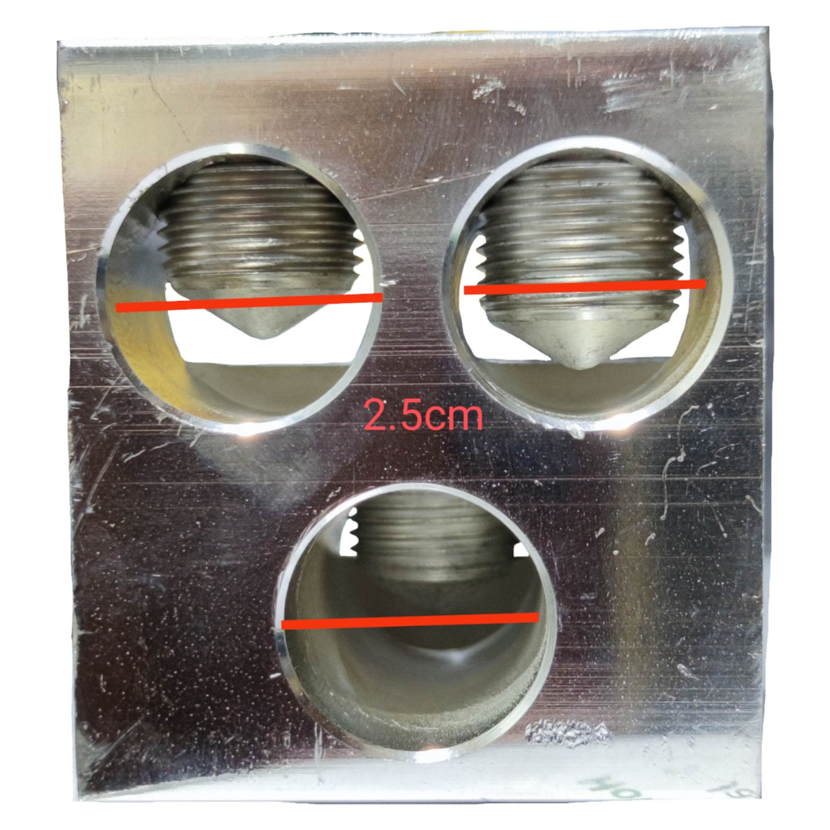 Metallic component with three threaded holes and measurements on a textured surface