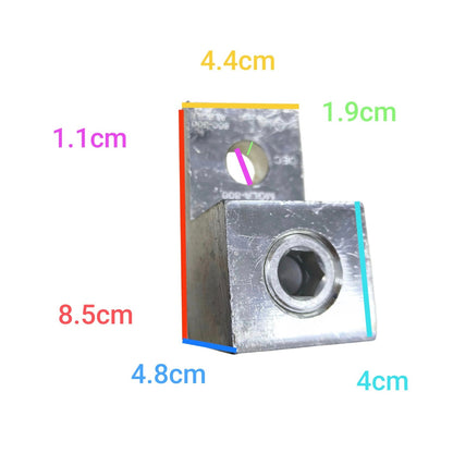 Metal bracket with dimensions labeled on a white background