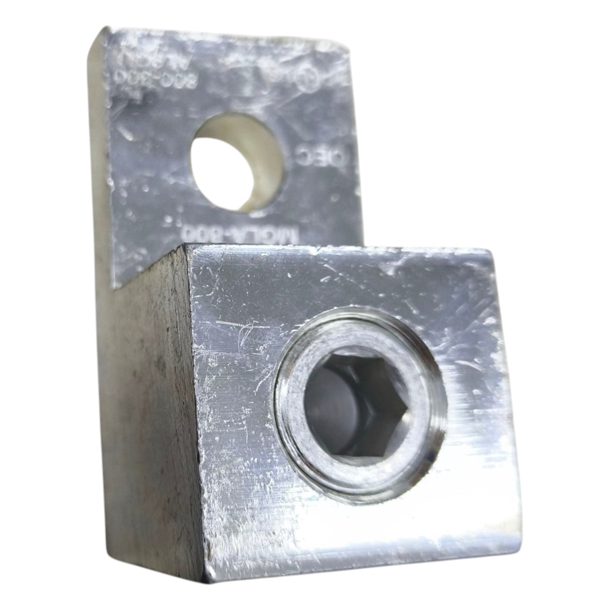 Metal bracket with two holes on a white background