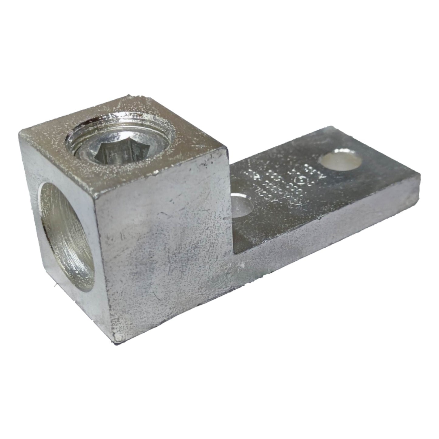 Metal mechanical component with threaded holes on a white background