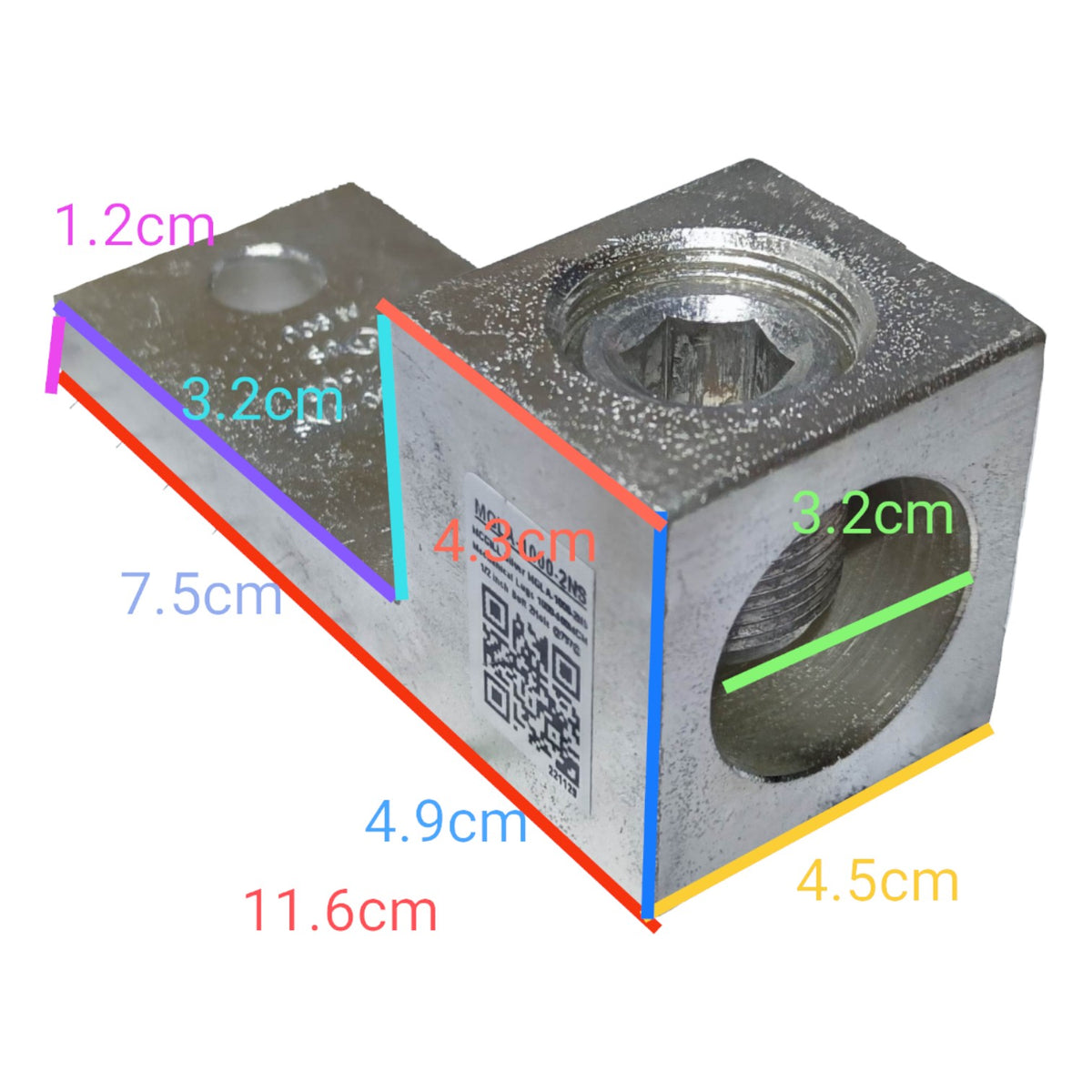Metal component with dimensions labeled on a white background
