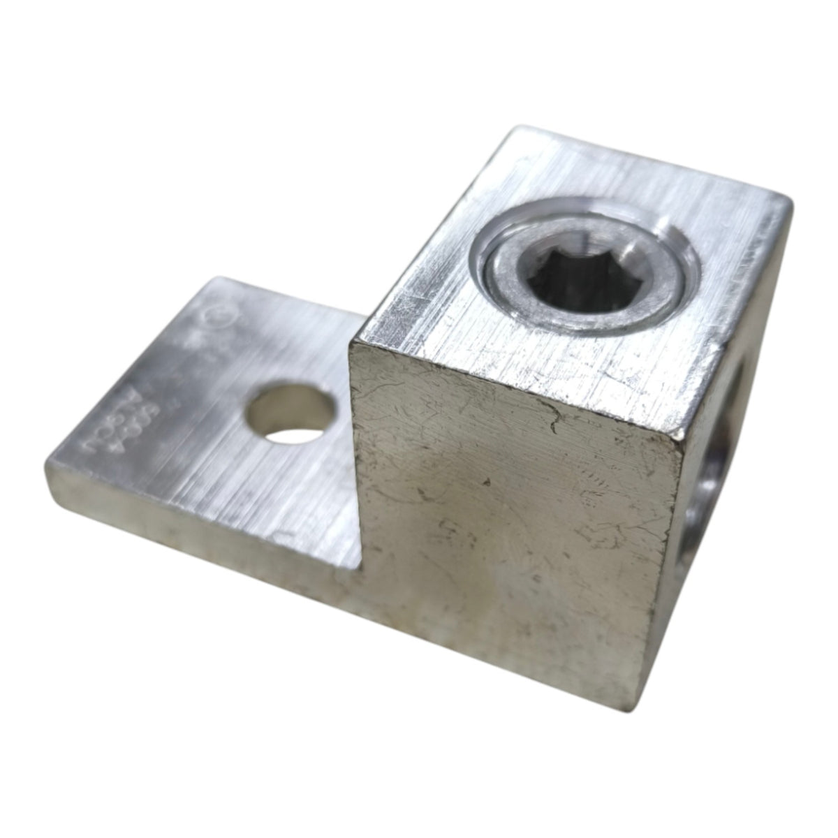 Metal bracket with two holes on a white background