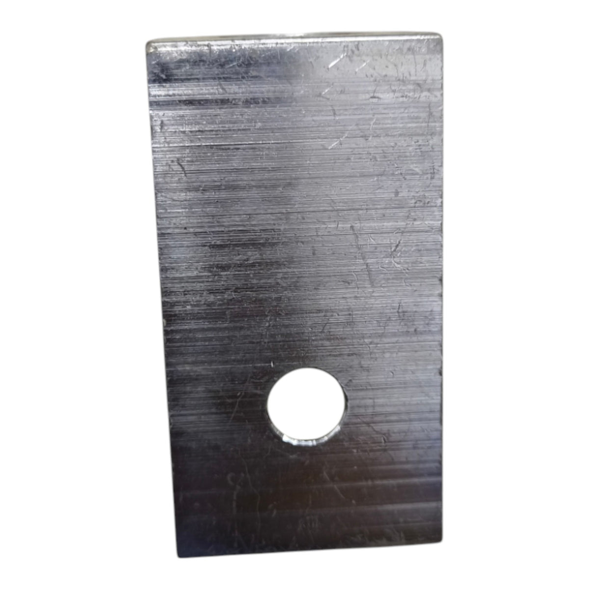 Rectangular metal plate with a central hole on a white background