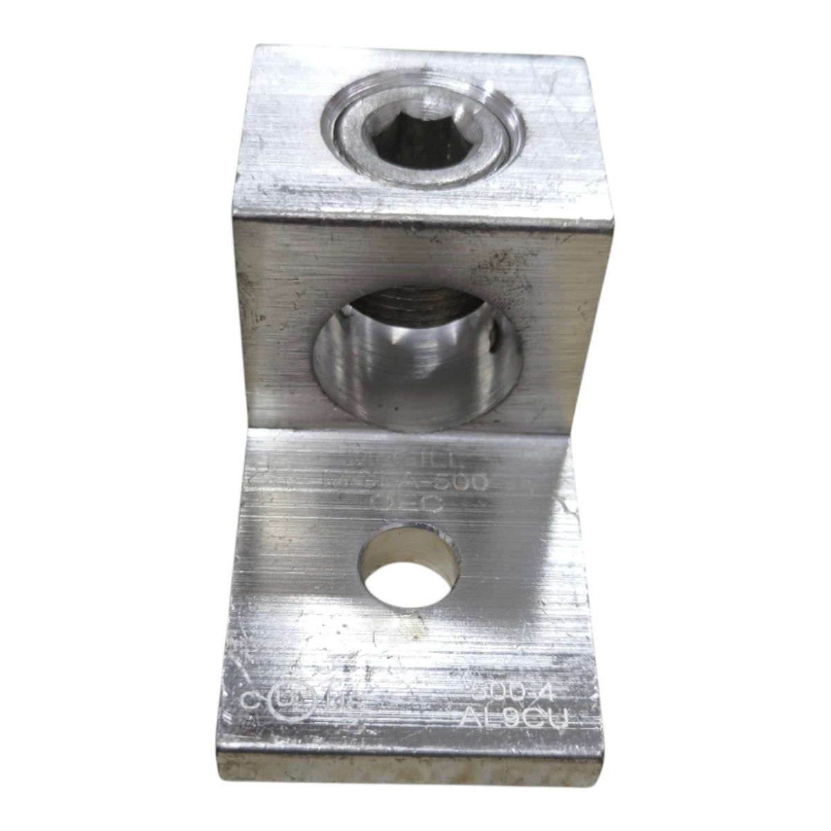 Metal component with two cylindrical holes on a white background