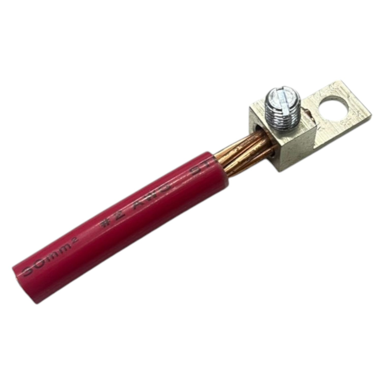 Electrical connector with red insulation and brass terminal on a white background