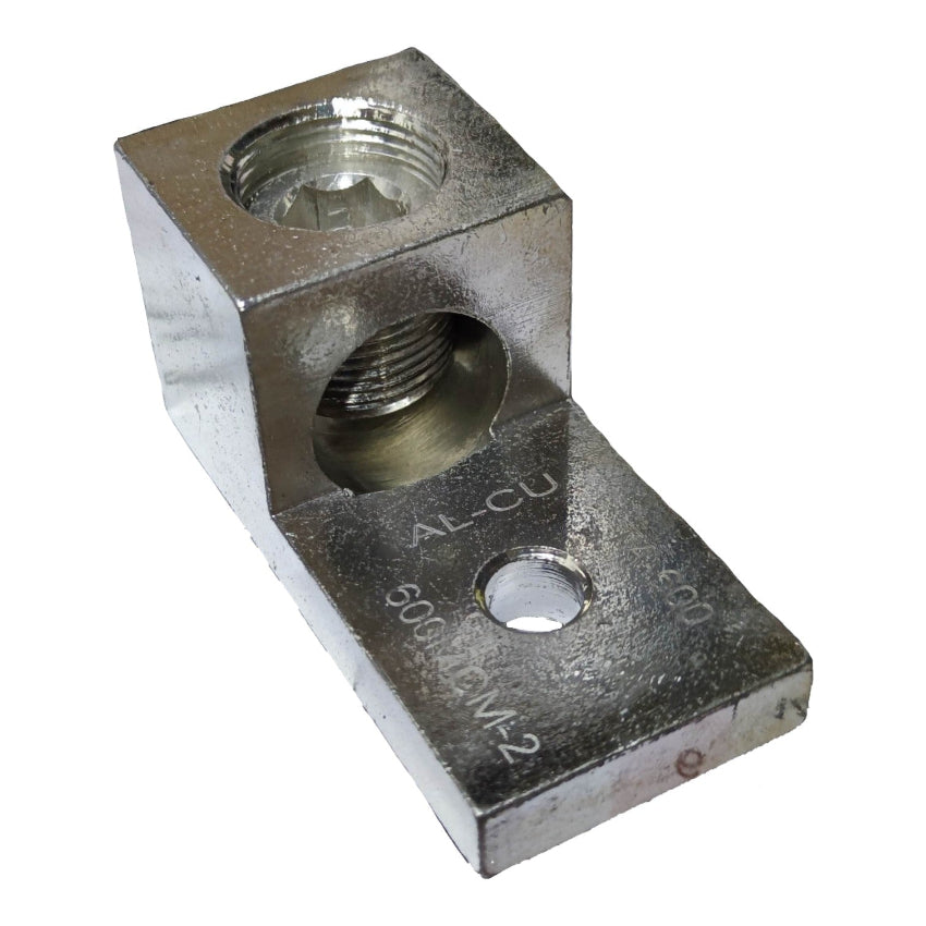 Metal fitting with threaded holes on a white background