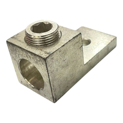 Metal fitting with threaded holes on a white background