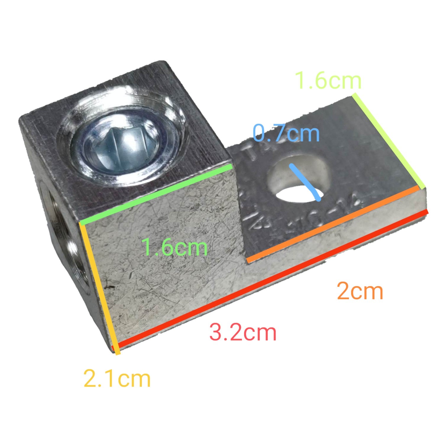 Metal component with dimensions labeled on a white background
