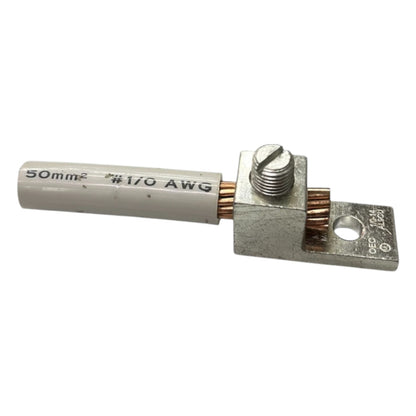 Electrical connector with wire and screw on a white background