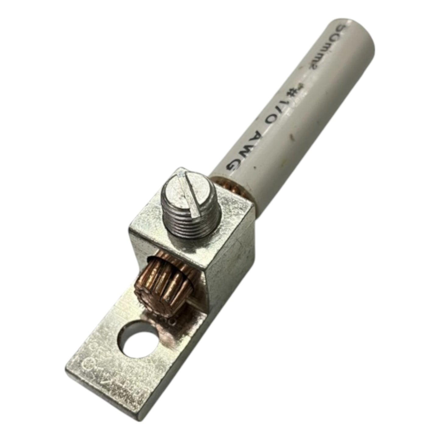 Metal electrical connector with threaded end on a white background