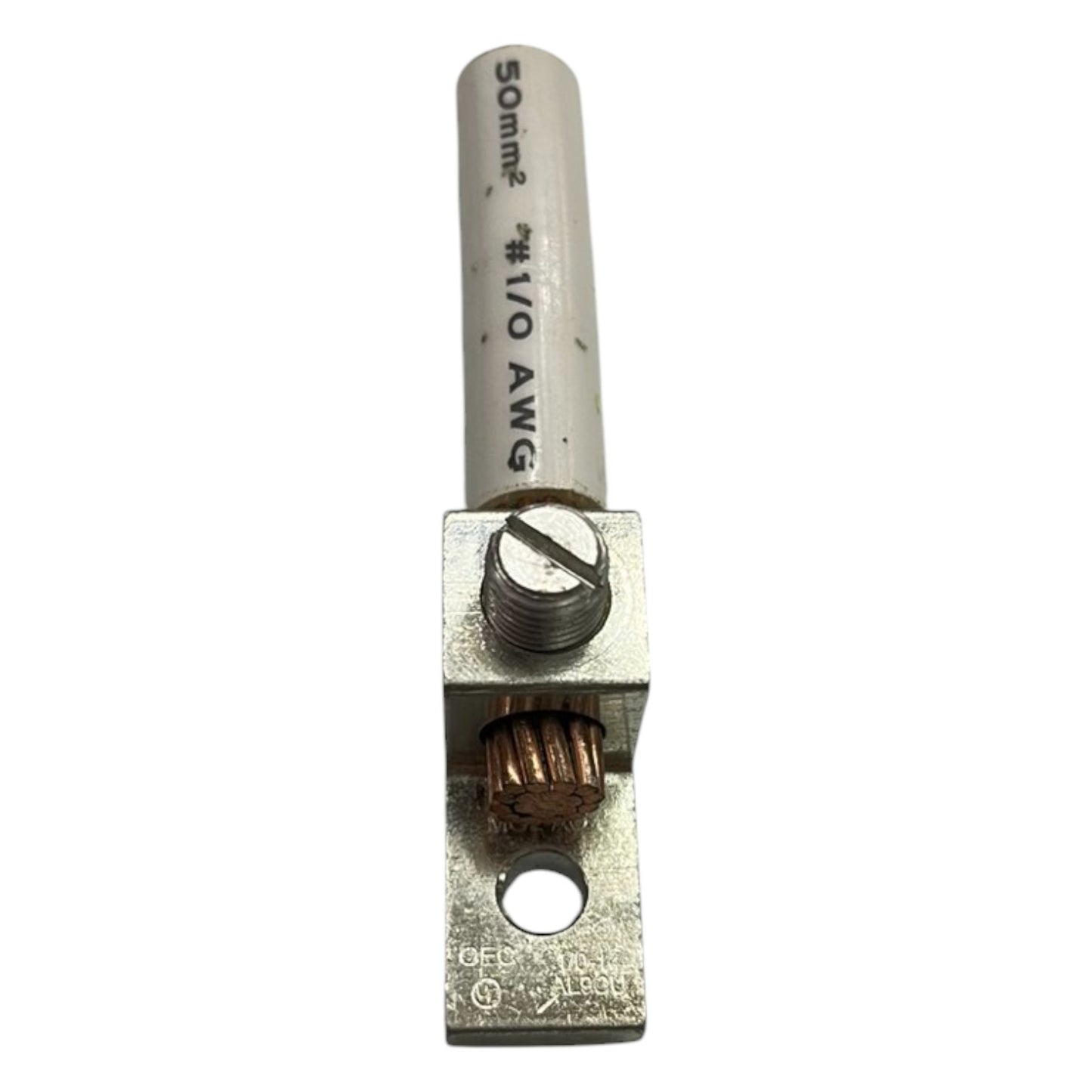 Metal electrical connector with specifications on a white background