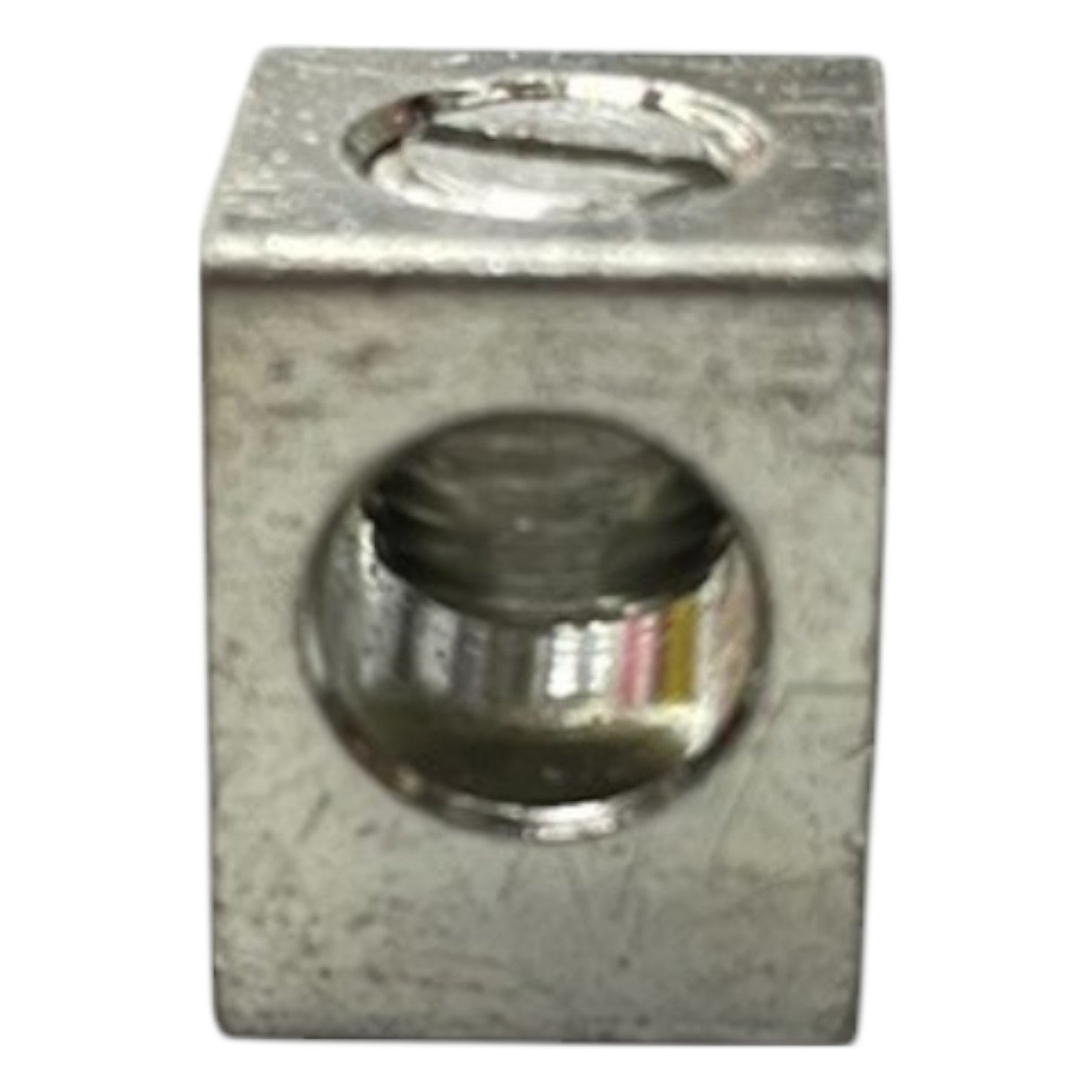 Metallic square block with circular holes on a white background
