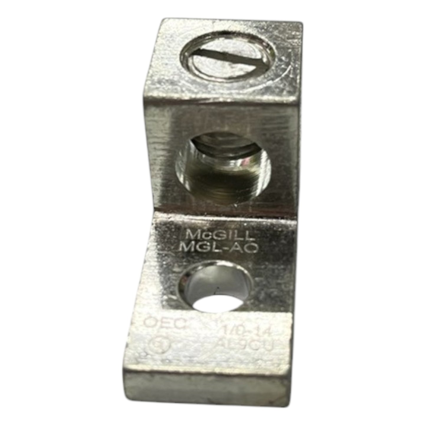 Metallic mechanical component with 'McGill' branding on a white background