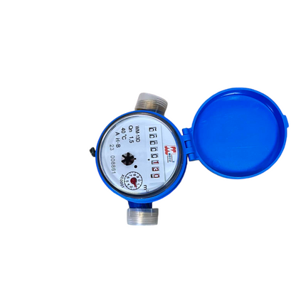 Blue water meter with a white face on a white background