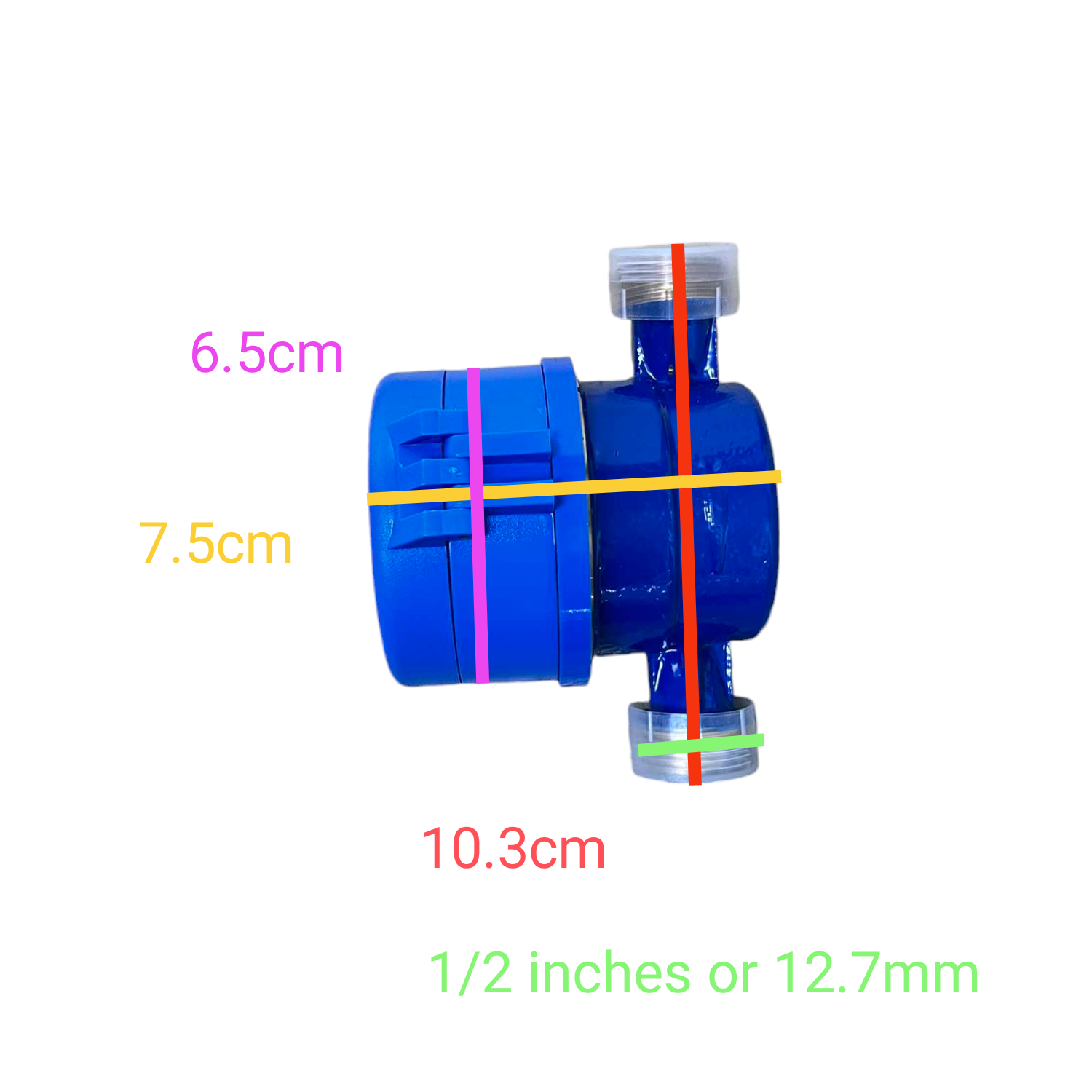Blue cylindrical device with measurements marked on a white background