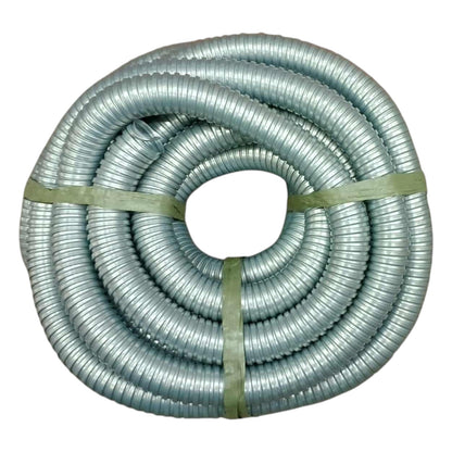Coiled metal hose with a green strap on a white background
