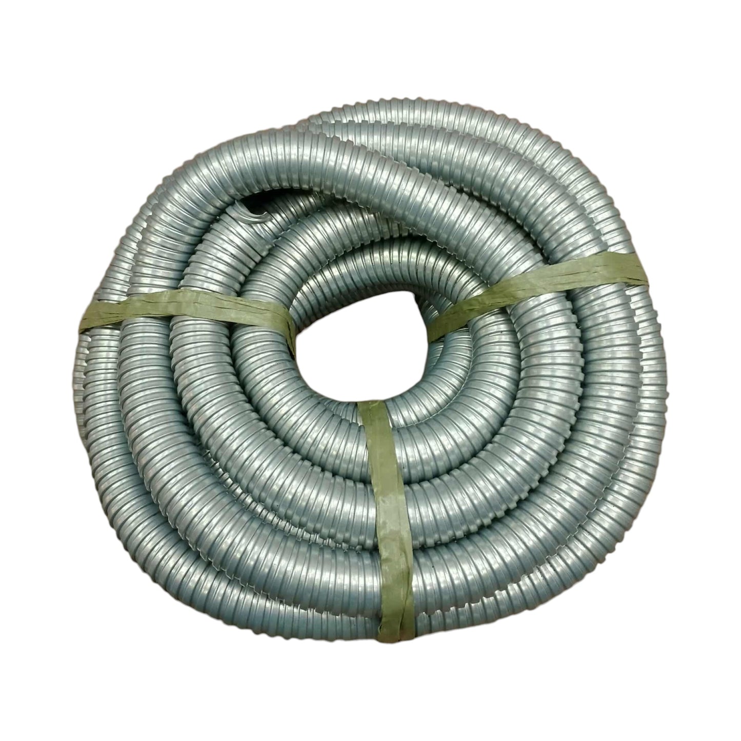 Coiled metal hose with a green strap on a white background