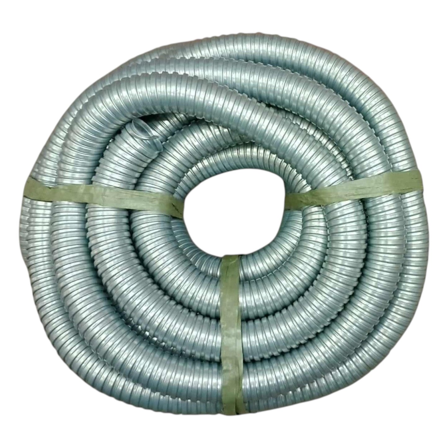 Coiled metal hose with a green strap on a white background