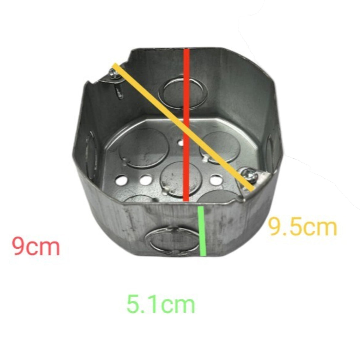 Metal electrical junction box shown on a white background with overlaid dimension lines and measurements: 9cm, 9.5cm, and 5.