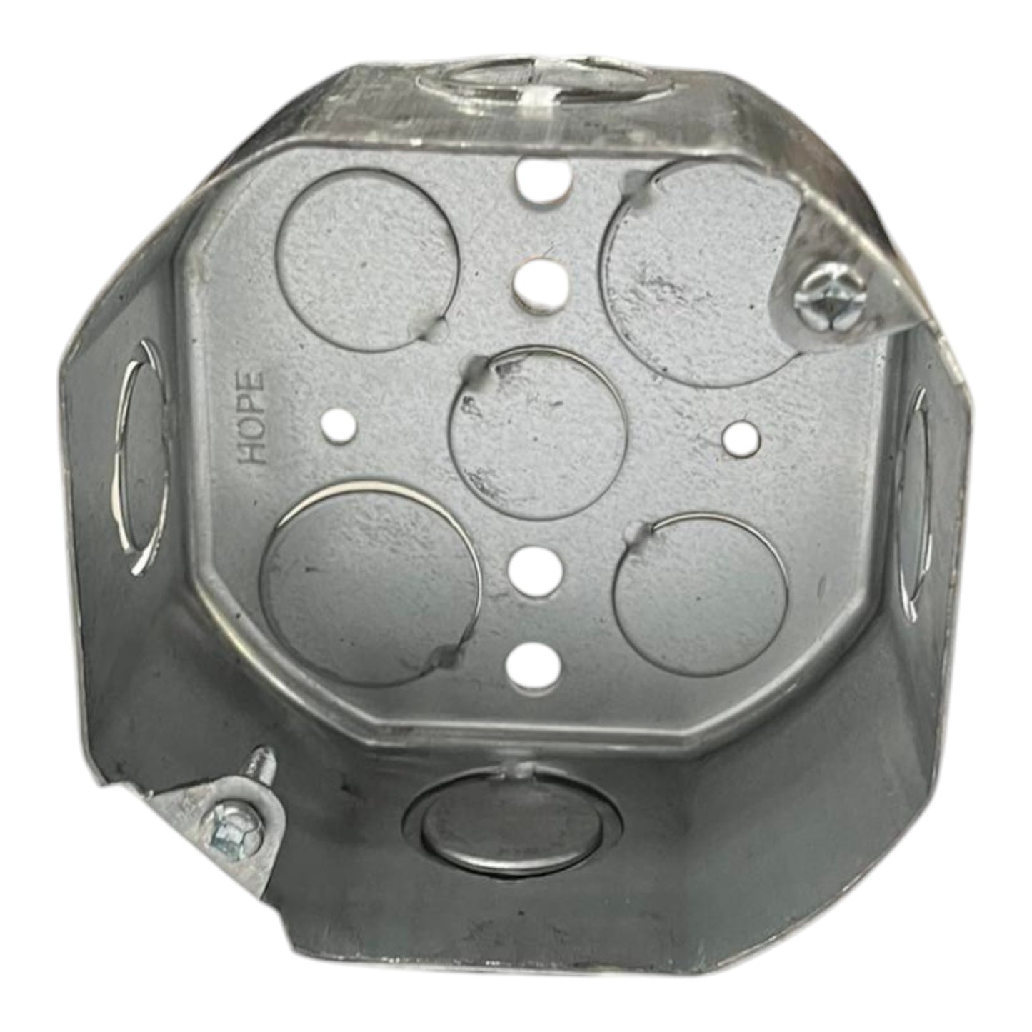 A galvanized steel electrical junction box with a hexagonal shape, featuring pre-drilled screw holes and circular terminal holes on the interior, with the brand name HOPE stamped on one side.