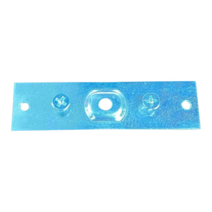 A small rectangular metal mounting bracket with four pre-drilled screw holes and a central oval cutout, shown on a plain white background.