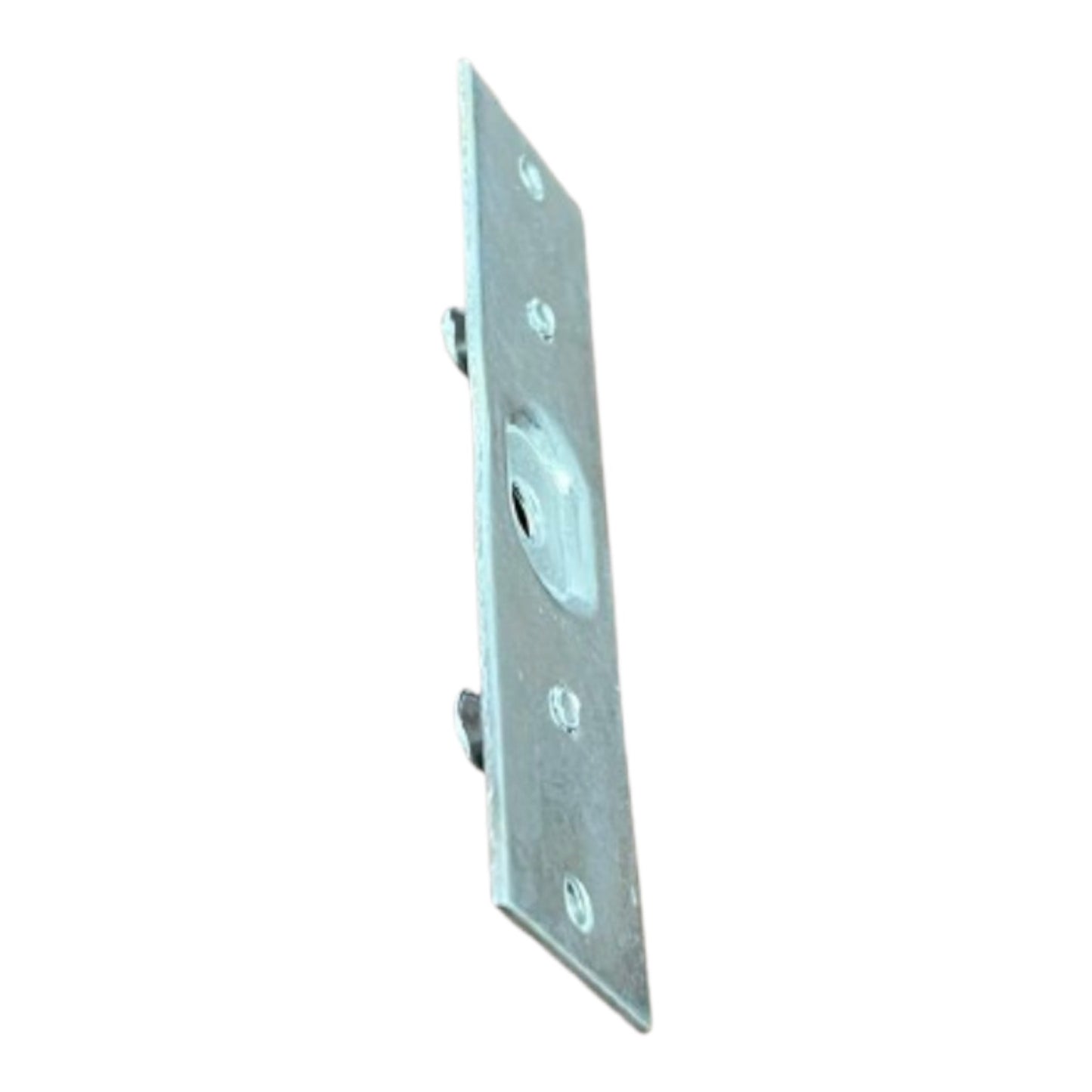 A silver metal mounting bracket or plate with pre-drilled screw holes and a circular cutout, shown on a plain white background.