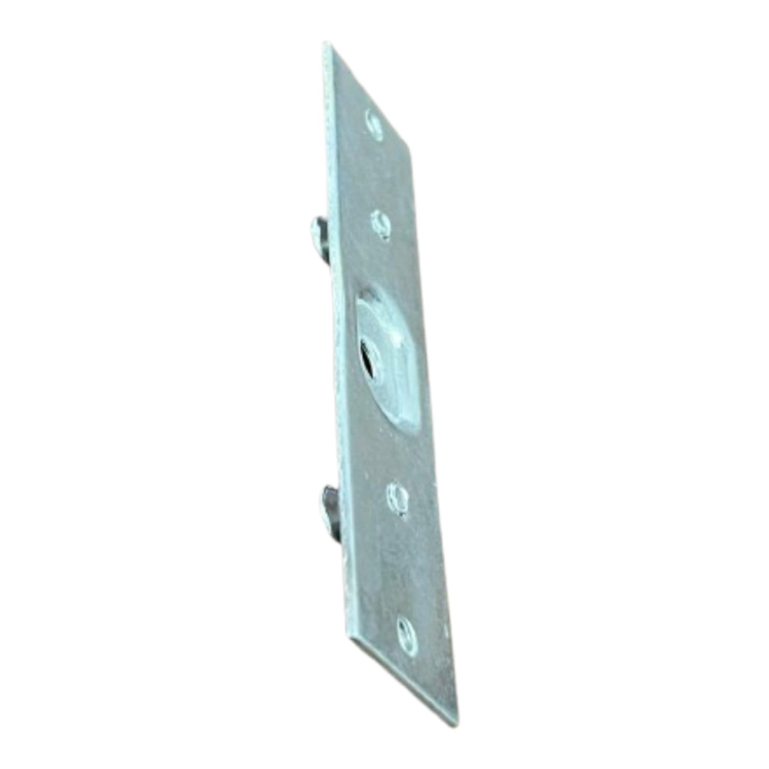 A silver metal mounting bracket or plate with pre-drilled screw holes and a circular cutout, shown on a plain white background.