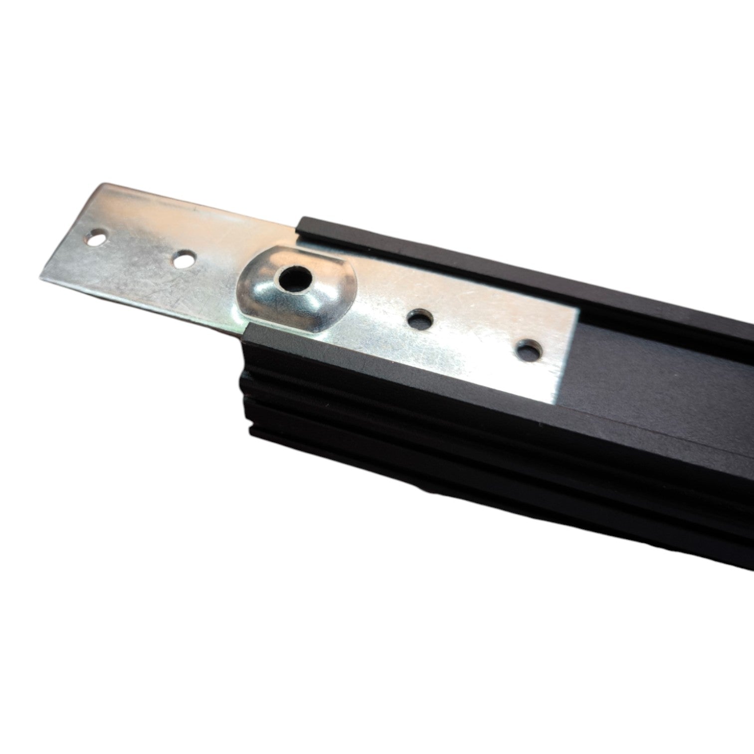 A close-up of a black rubber weatherstripping seal with a silver metal mounting bracket and screw fastener, shown on a plain white background.