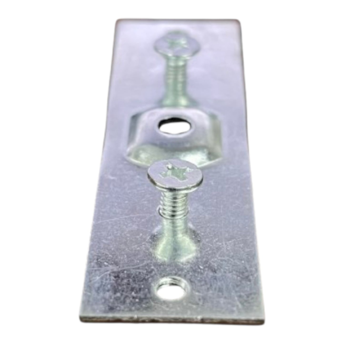 Galvanized metal mounting bracket with two screws, shown on a plain white background.
