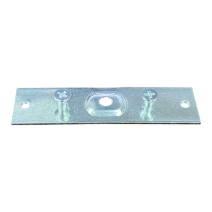 A rectangular galvanized metal mounting bracket with two screws and mounting holes, shown on a plain white background.
