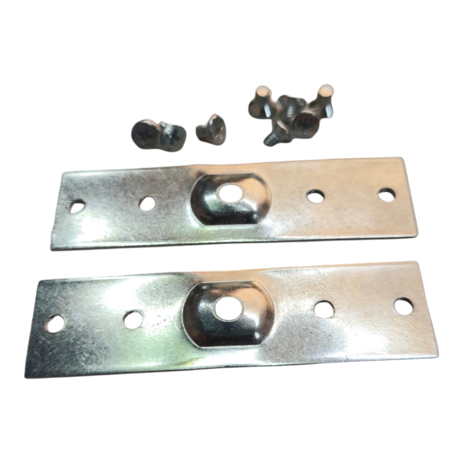 Two silver metal mounting brackets with pre-drilled holes and a small set of dark metal fasteners, shown on a plain white background.