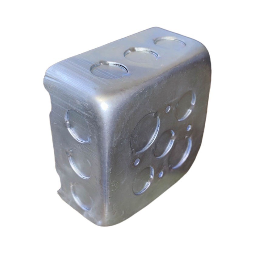 Metal Square Box 11 cm x 11 cm x 4 cm with circular cutouts for electrical circuitry applications