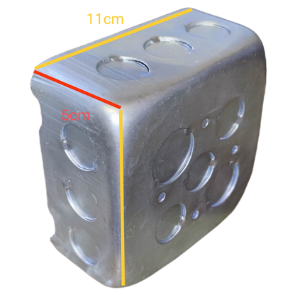Metal Square Box 11 cm x 11 cm x 4 cm with multiple cutouts for electrical circuitry applications