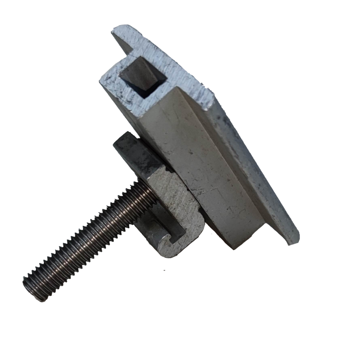 Middle clamp for solar panel bracket made of durable aluminum with a threaded bolt for secure installation